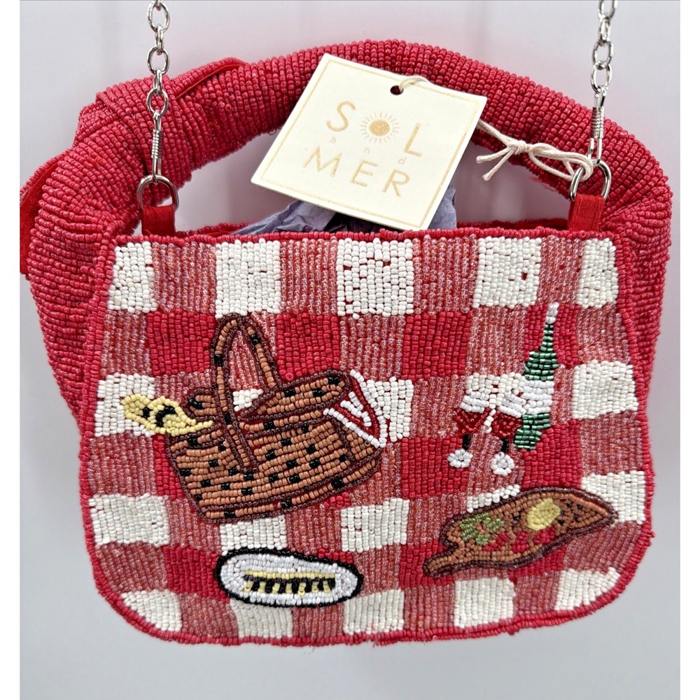 Sol and Mer Beaded Crossbody Bag Picnic Red Check Chain NWT BBQ Summer